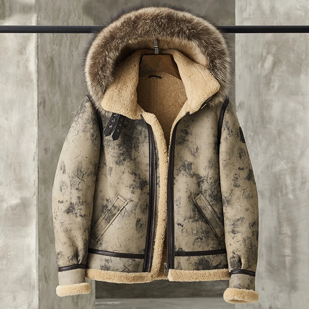 

Shearling Jacket Men Detachable Hooded B3 Bomber Jacket Men Shearling Fur Coat grey