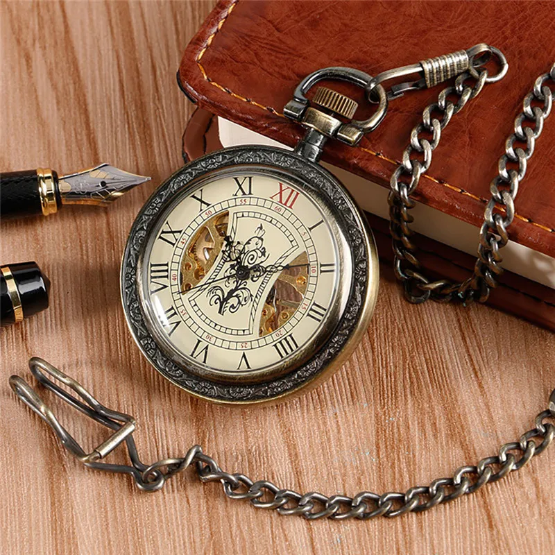 Klassische Unisex mechanische Handaufzug Skelett Taschenuhr römische Ziffer Zifferblatt Anhänger Anhänger Kette offenes Zifferblatt Uhr