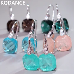 KQDANCE S925 Sterling Silver 12mm Lab Smoky Quartz Paraiba Tourmaline Morganite Emerald Gemstone Crystal Drop Earrings For Women