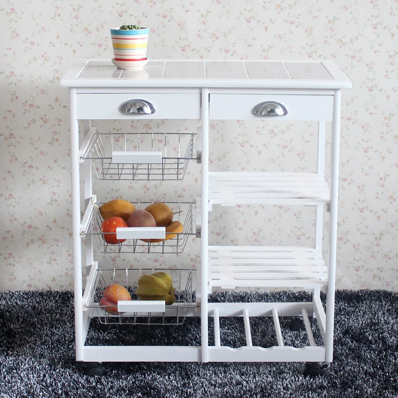 Carrito de cocina y comedor, 2 cajones, 3 cestas, estante de almacenamiento con ruedas rodantes, color blanco