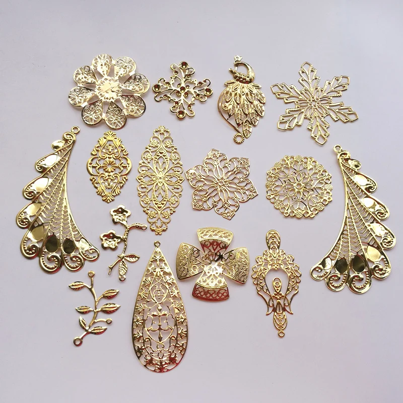 10 Pieces Antique bronze/White k/Gold color Metal Filigree Flowers Slice Charms Pendant base Setting Jewelry DIY Components