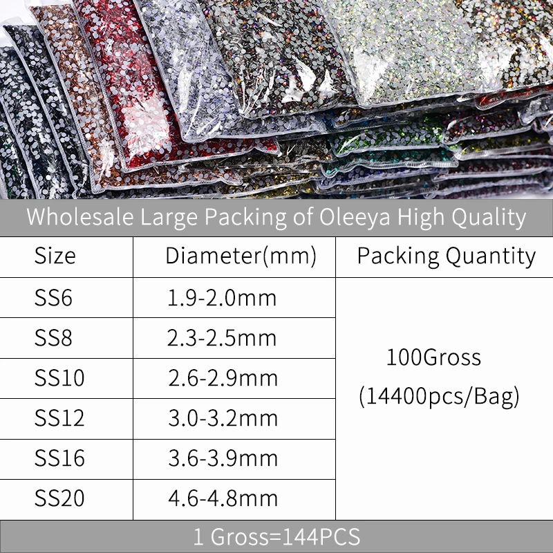 Oleeya Wholesale 14400Pcs/Bulk Big Package SS6-SS20 Glitter Crystals Better DMC Hotfix Rhinestones Glass Strass For Wedding