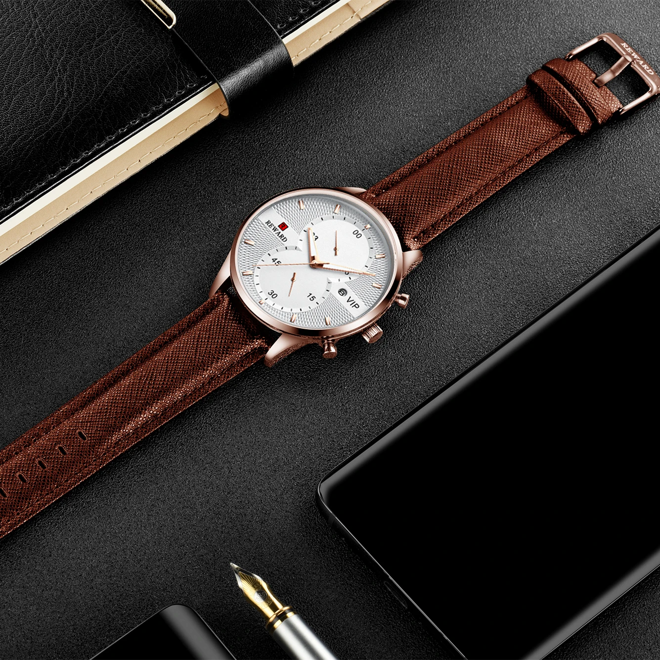 REWARD White Quartz Wrist Watches for Men Brown Leather Band Calendar Display Grid Dial Design Business Watch Male