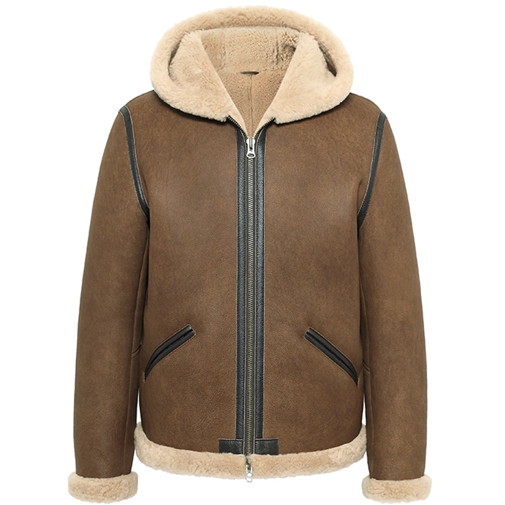 Shearling Jacket Mens Hooded B3 Bomber Jacket Men Shearling Fur Coat Brown Color