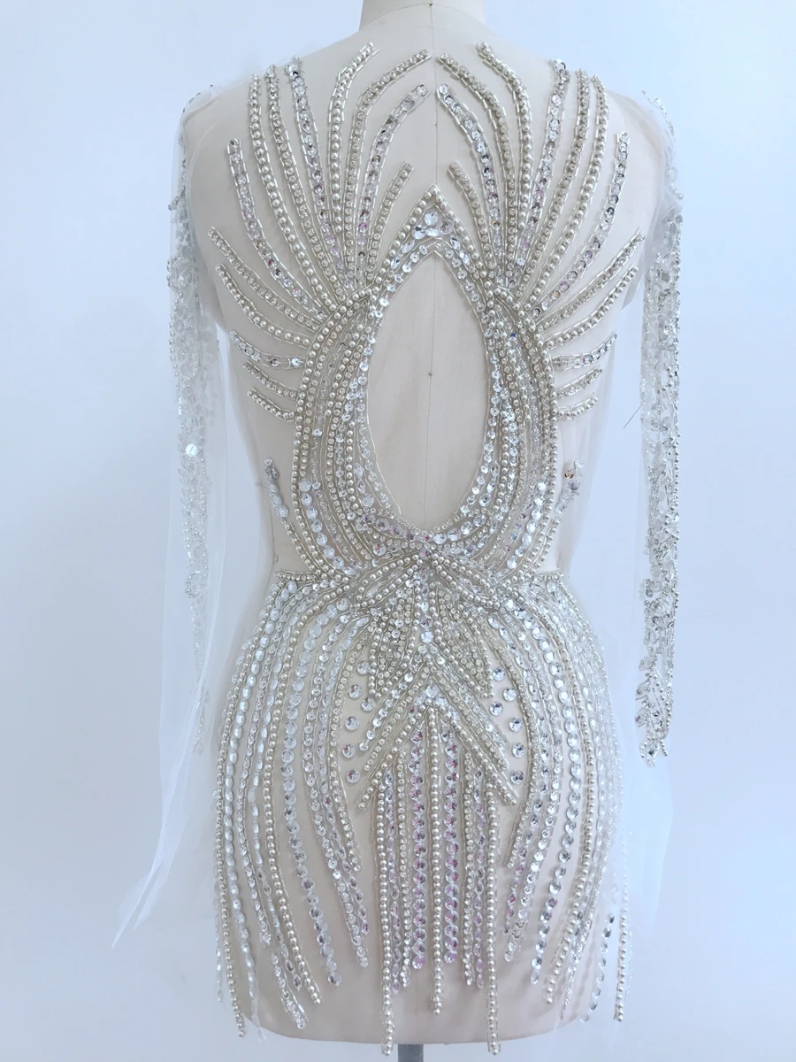 handmade silver/gold rhinestones bodice applique on nude mesh full body patches accessory for dress accessory