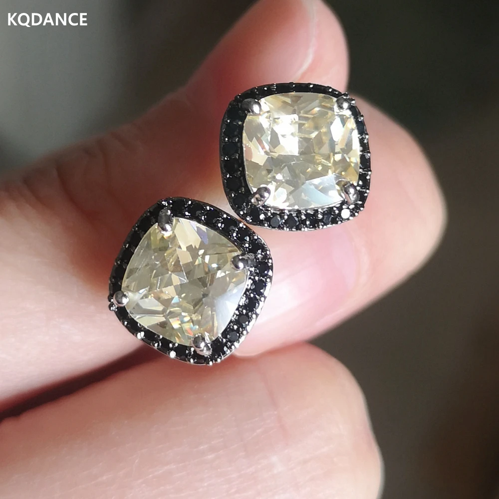 KQDANCE Lab Gemstones diamond Blue/Light Yellow stone Stud Earrings with black Zircon 925 sterling Silver Pin Jewelry 2022 new