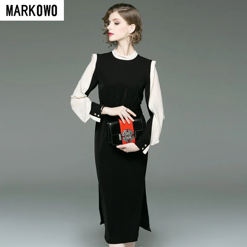 

MARKOWO Original designer 2022 new classic contrast color slim dress round neck long sleeve OL office long skirt