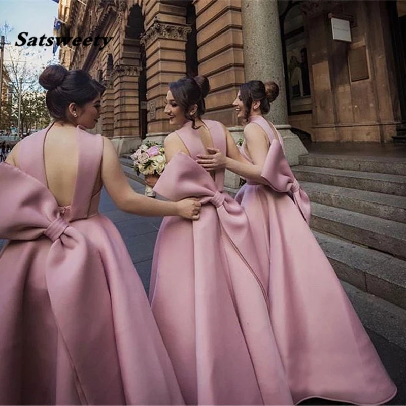 Beauty Pink In Stock Bridesmaids Dresses Long Bow Wedding Party Dress Maid of Honors Bridesmaids Dress Custom Made