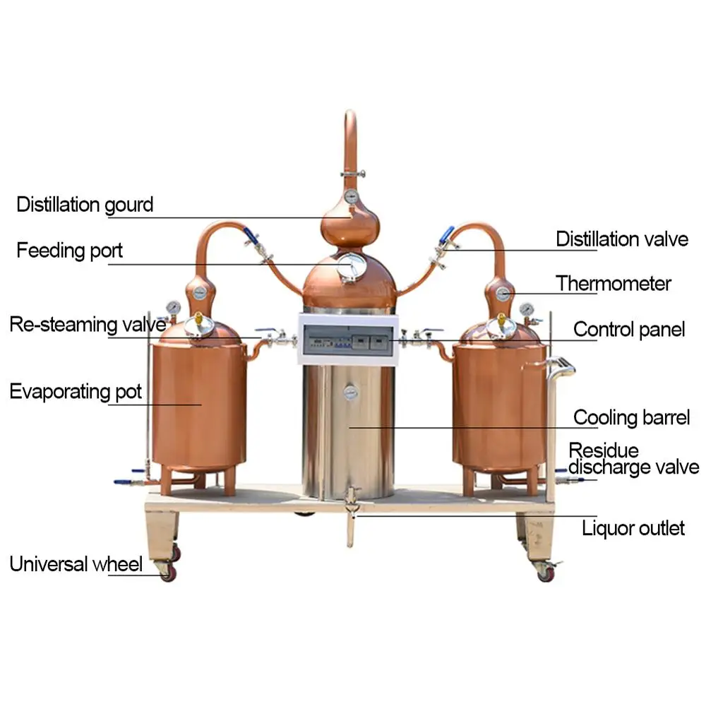 Grande destilador t2 chaleira dupla de cobre vermelho, equipamento de fabricação de cerveja, azeite, bebidas, licor, cerveja e vinho tinto em uma escala grande