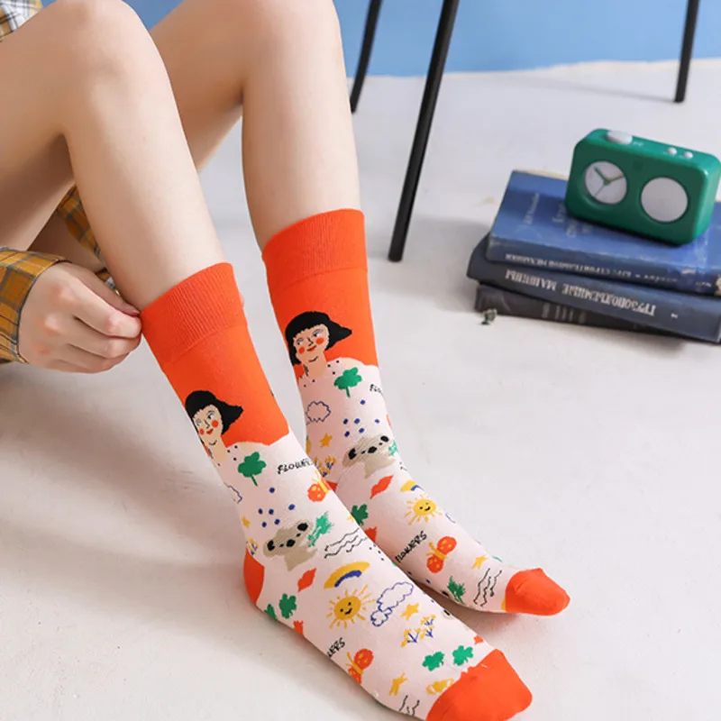 Novelty  Spring Women Socks Funny Harajuku Abstract Printed Casual Cute Girl Pattern Cotton Calcetines Happy Sock For Gift