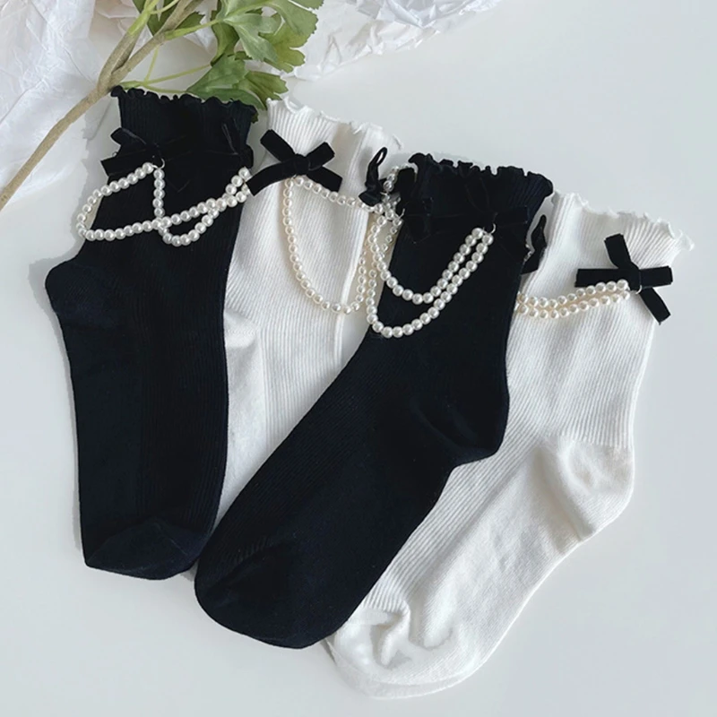 Women Kawaii Short Ankle Socks Gothic Lolita Bow Pearl Chain Ruffled Hosiery M6CD