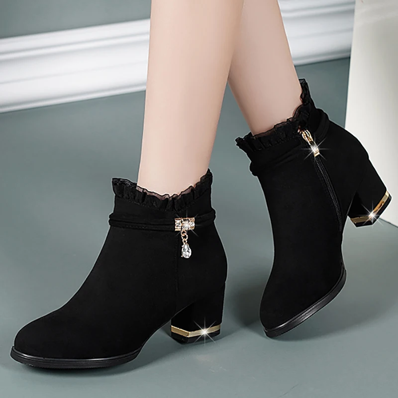 Fashion Pleated Turned-over-Edge Boots For Women 2021 Zippres Square High Heel Ankle Solid Round Toe Short Plush Female Shoes