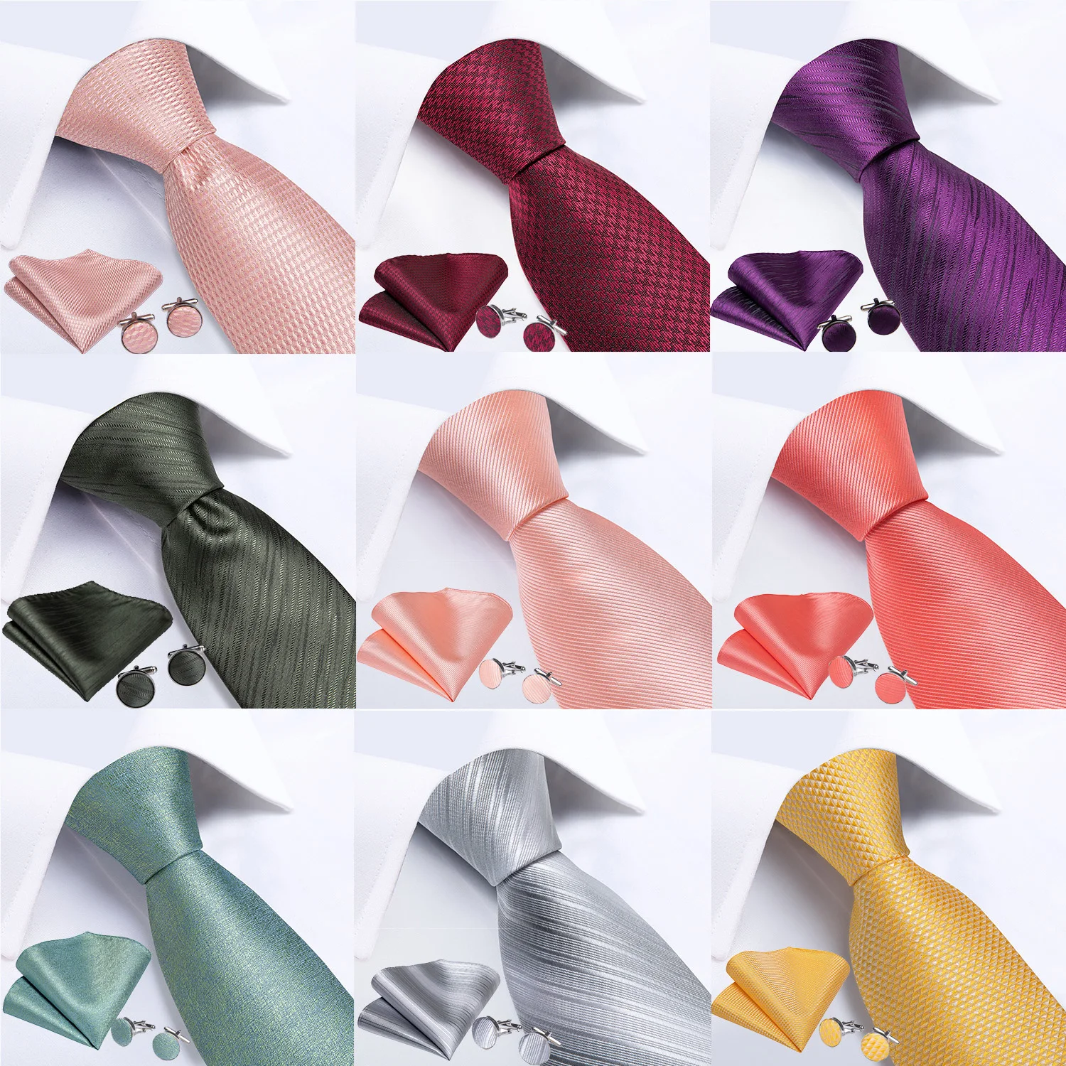 DiBanGu Men Tie Solid Pink Color Formal Wedding Necktie Jacquard Woven Tie Handkerchief Cufflinks For Men Business Suit