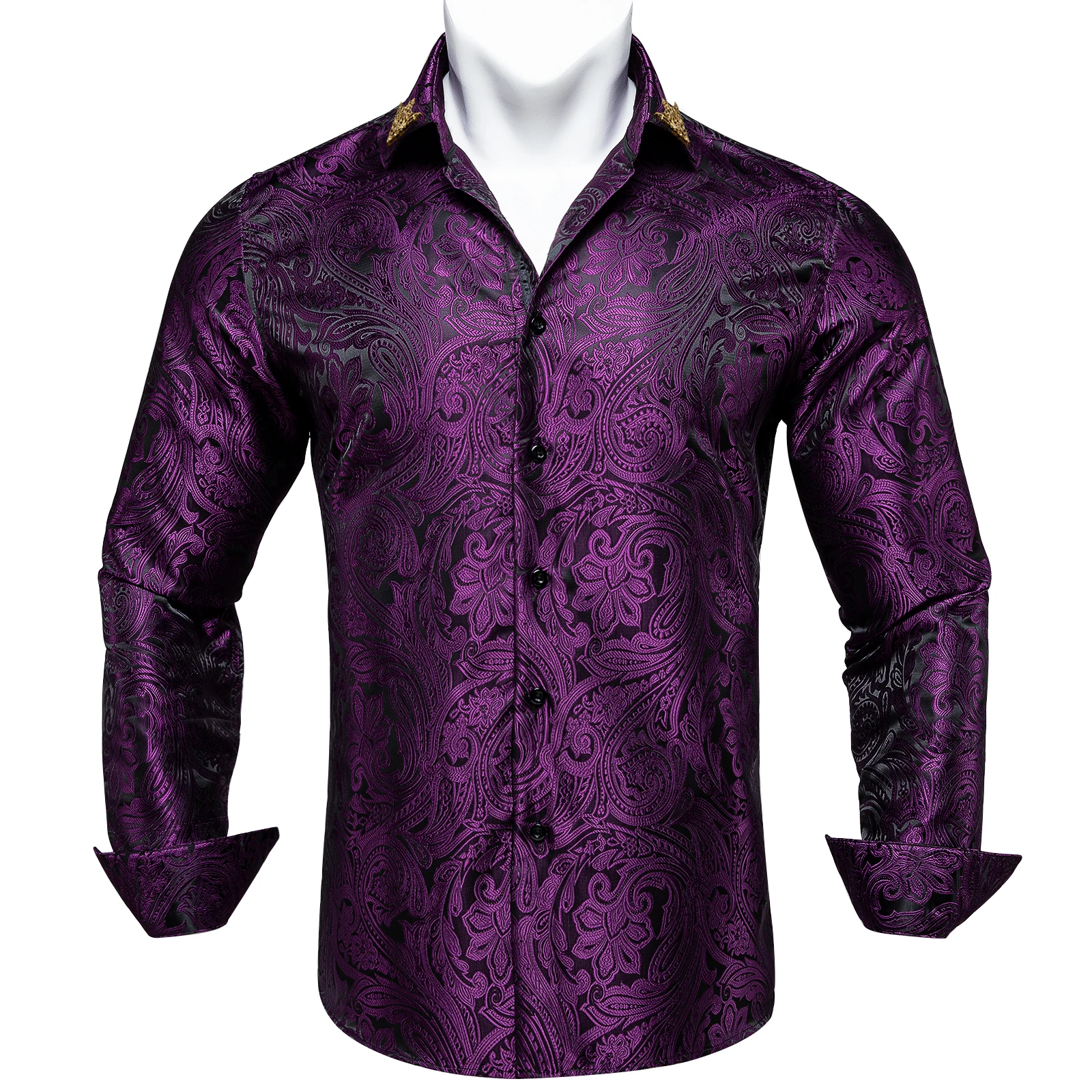 Camicie Paisley viola da uomo di marca camicia a maniche lunghe da lavoro formale con bottoni camicia con colletto Pin camicetta da uomo top Casual