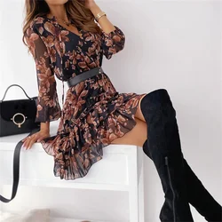 Vestido informal de gasa de manga larga para primavera y otoño para mujer, vestido con volantes y cintura alta con estampado de flores de estilo Vintage y cuello en V