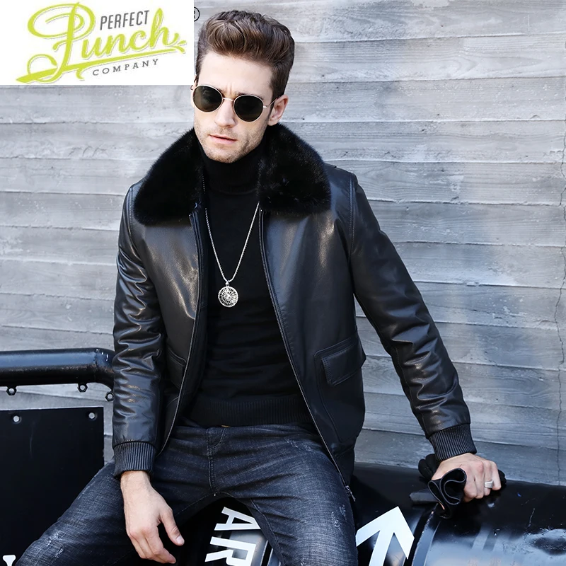 

Jacket Winter Men Men's Clothing Real Mink Fur Collar 100% Goatskin Leather Motorcycle Down Jackets Jaqueta LXR638