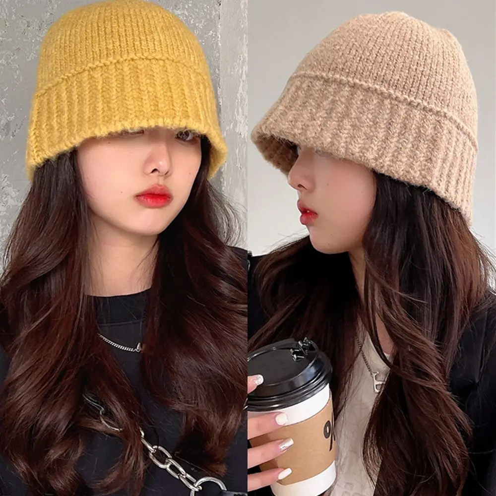 Women Winter Bucket Hat Warm Knitting Fisherman Cap Casual Foldable Panama Hat Lady Outdoor Sunscreen Sun Cap