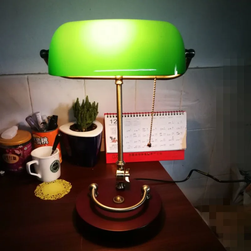 Bankers desk lamp vintage table lighting fixture green glass cover shade birch wood base antique adjustable articulatingl cord