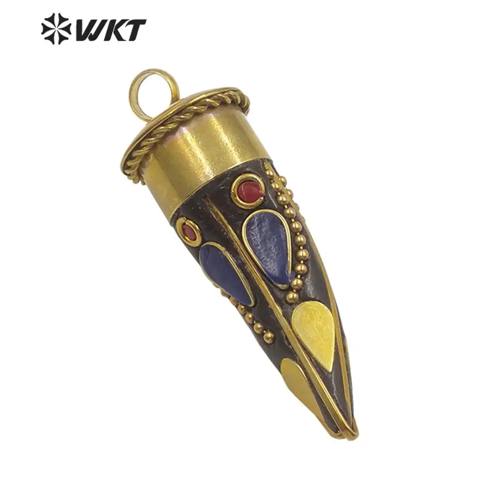 WT-P1529 Amazing Vintage Bohemian Brass Horn Pendant Unique Symble Long Tibetan Boho Horn For Necklace Jewelry Finding