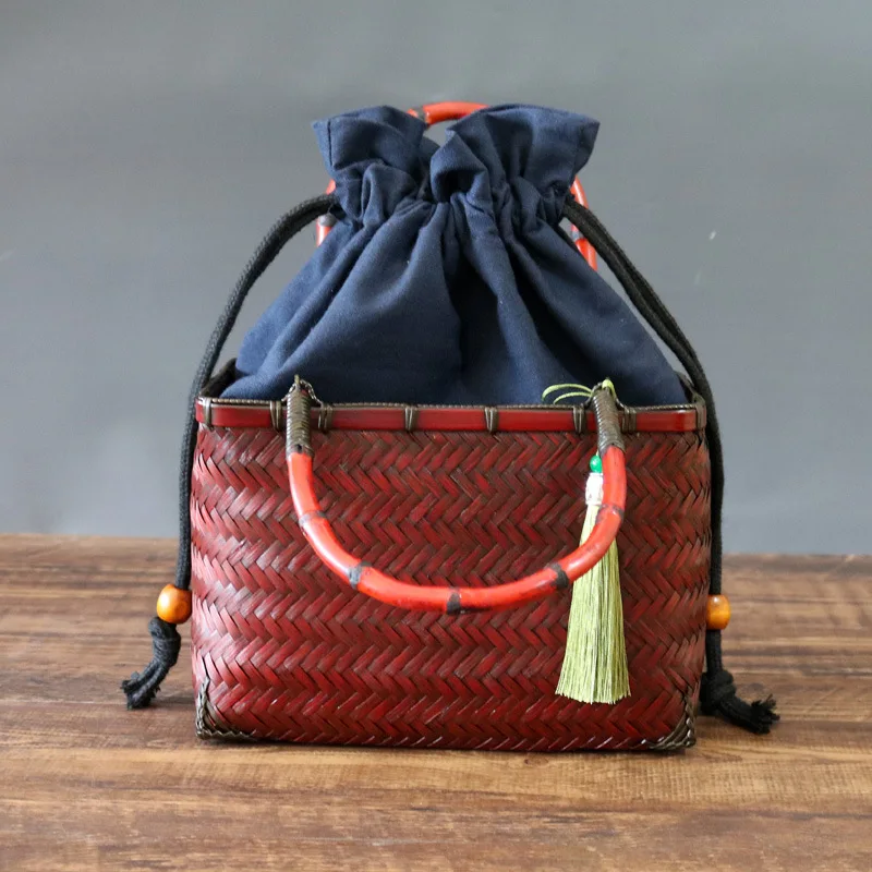 Handmade Retro Bamboo Woven Bag, Chinese Small Handbag, Tassel Pendant, Tea Ceremony, Tea Set Storage Bag