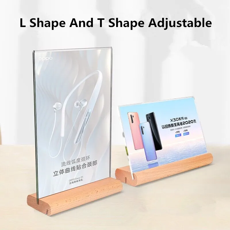 

A6 100x150mm T / L Use Wood Base Table Acrylic Sign Holder Display Stand Restaurant Menu Paper Holder Picture Photo Frame