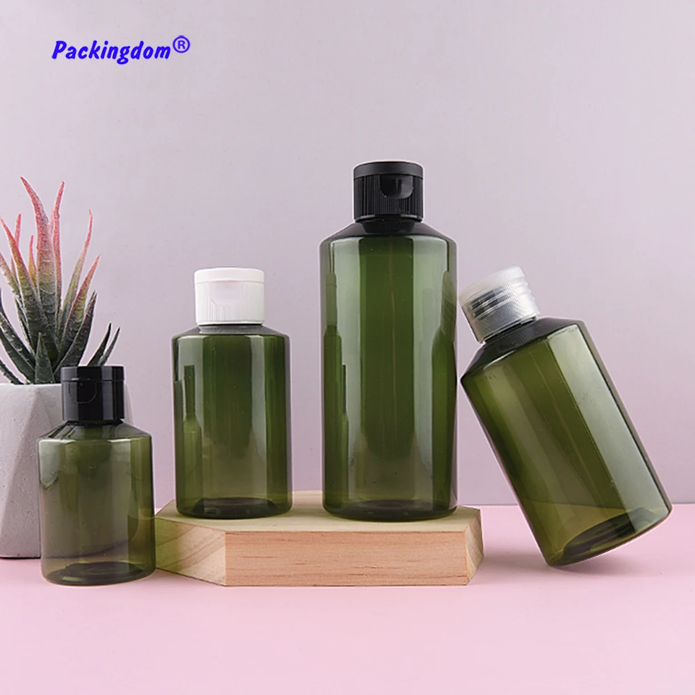 10pcs Flip Cap Packing Bottle Light Avoiding Pump Lotion Bottles Plastic PET Dark Green Empty Refillable 50ml 100ml 150ml 200ml