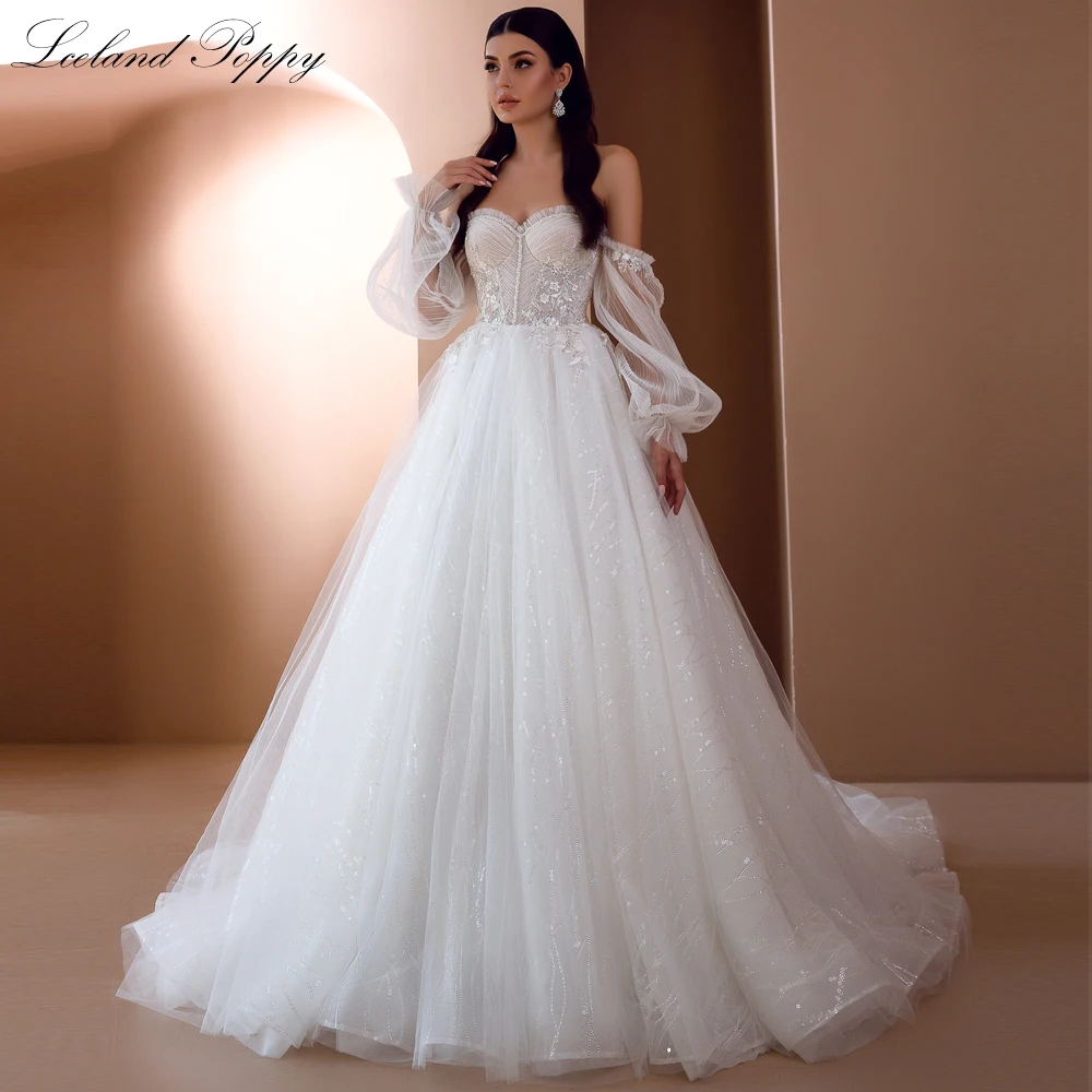 Lceland Poppy Customized Women's A Line Strapless Tulle Wedding Dresses Floor Length Pleated Bridal Gowns with Sleeves