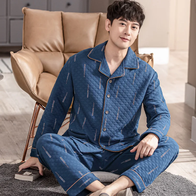 

Winter Thick And Warm Men Air Cotton Pajamas Set Long Sleeve Turn-down Collar Cardigan Sleepwear 4XL Male Homewear