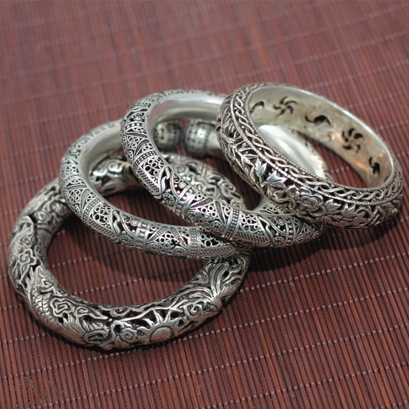 Exquisite Chinese Handmade Miao Silver Carved Dragon Phoenix flower Bracelet Ethnic Style Hollow Round Men's Women's Bracelets