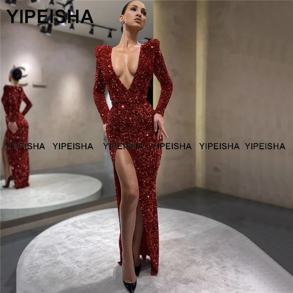 Yipeisha Strapless Sequined 댄스 파티 드레스 Sweep Train Glitter Pageant Dress 섹시한 긴 인어 저녁 파티 가운 플러스 사이즈