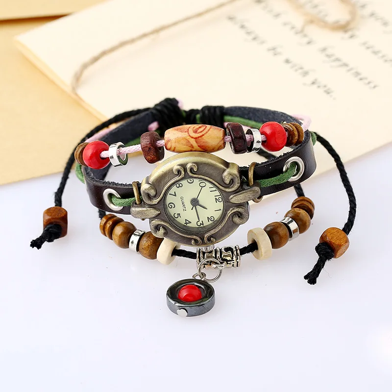 Jessingshow Women Retro Rivet Braided Bracelet Leather Strap Vintage Wood Beads Jewelry Watch Clock Digital Adjustable Bracelets