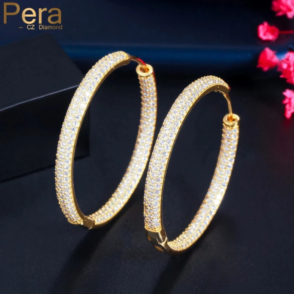 Pera Luxury Yellow Gold Color Large Round Shape CZ Loop Hoop Earrings for Women Rock Party Jewelry Gift Boucles d\'oreilles E693