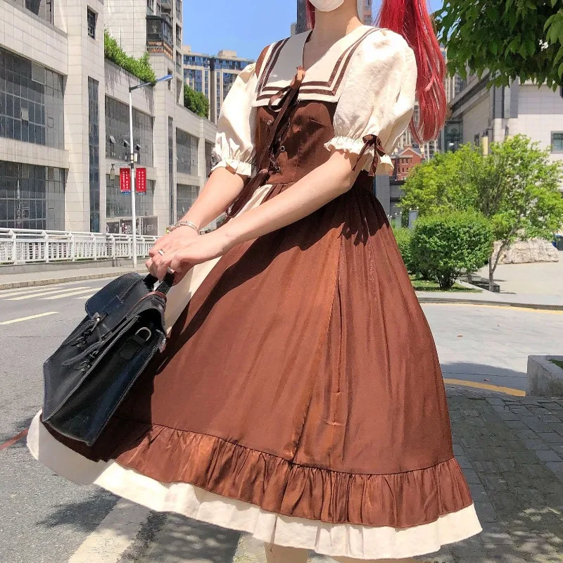 Vestido de verano de manga corta para mujer, estilo japonés, Lolita ligero, diario, contraste de Color, con cordones, cuello de marinero, Swing grande