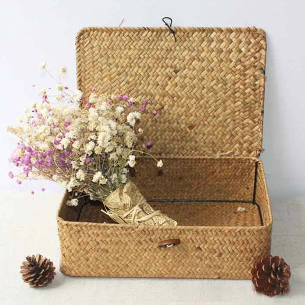 Creative Bamboo Woven Storage Basket With Lid With Lock Storage Clothes Sundries Toy Storage Box Organizer Wicker Material 2021