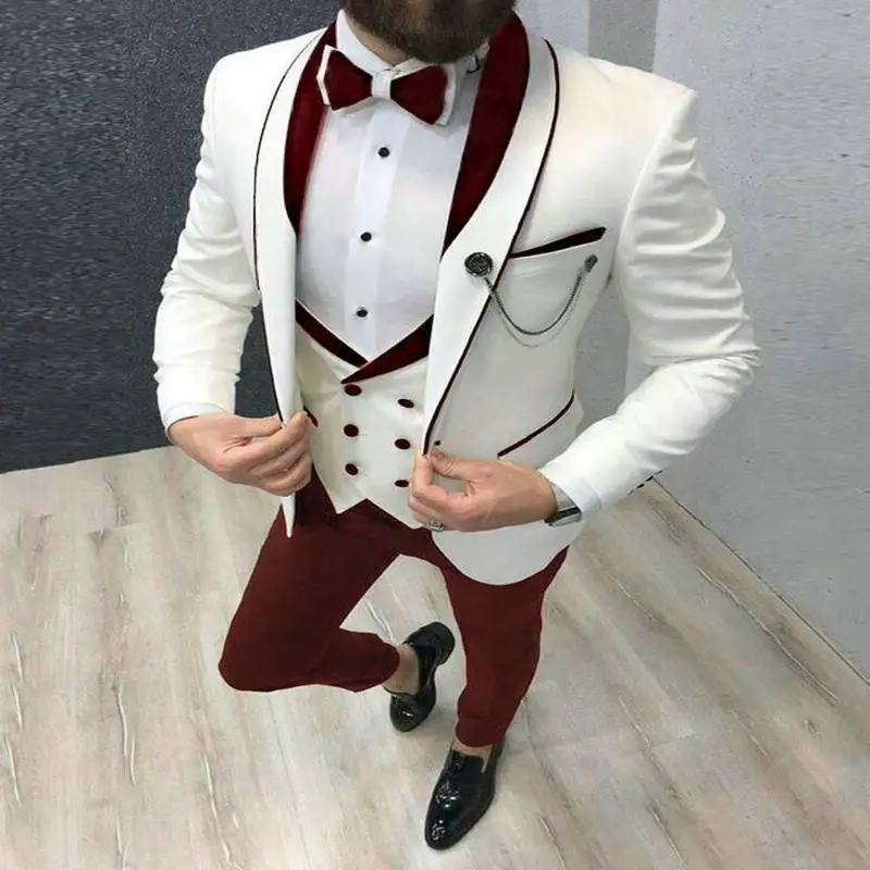 2023 terno masculino formal fino ajuste branco blazers borgonha pant smoking masculino casamento ternos do noivo terno (jaqueta + calças + colete bowtie)