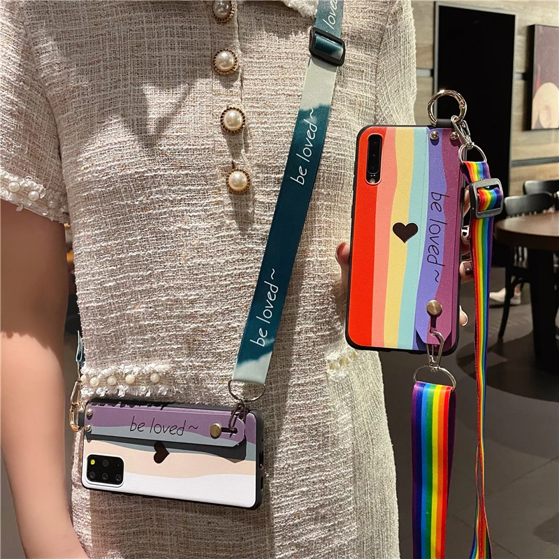 Colourful Crossbody Rainbow Watercolor Wrist Strap Holder Case for Huawei Nova3i 4 5 6 7 8 Honor30 20 X10 Fashion Soft TPU CASE