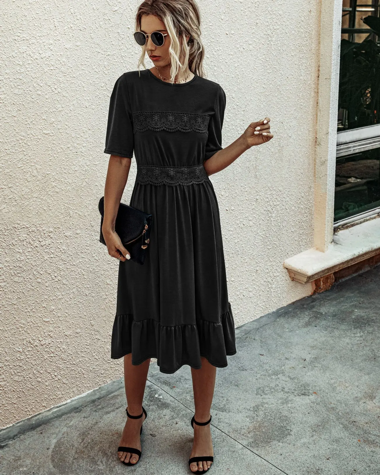 

Summer Elegant Women Dress Female Casual Short Sleeve Office Chiffon Elastic Waist Lace Dresses A-line Vintage Sweet Clothing