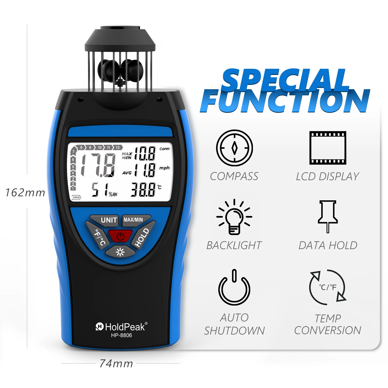 Handheld Wind Cup Anemometer,2.5～150 KM/h AVG,6 Unit Adjustable with Temperature Measurement Backlight LCD Display HP-8806