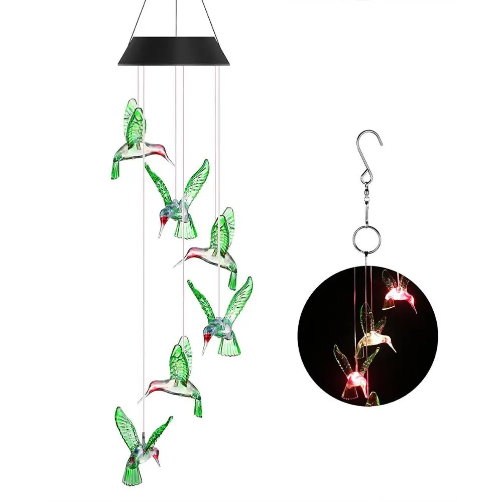 Color Changing LED Solar Power Lâmpada Hummingbird Wind Chimes Jardim Decoração Quintal Impermeável LED Light Lighting Hanging Decor