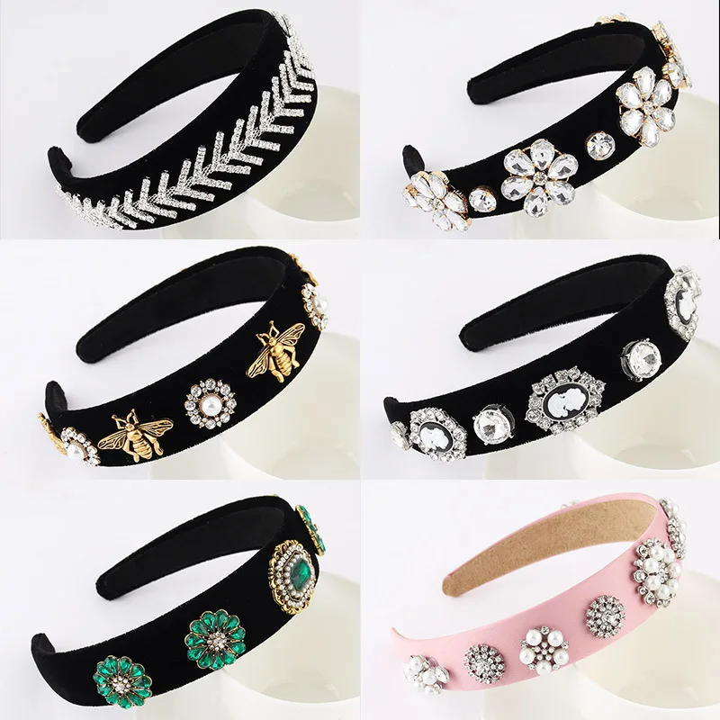 

2020 модная лента для волос в стиле ретро; Стиль жемчужины, горный хрусталь для волос аксессуары золото бархат широкими полями с цветочным узором в стиле барокко повязка на голову