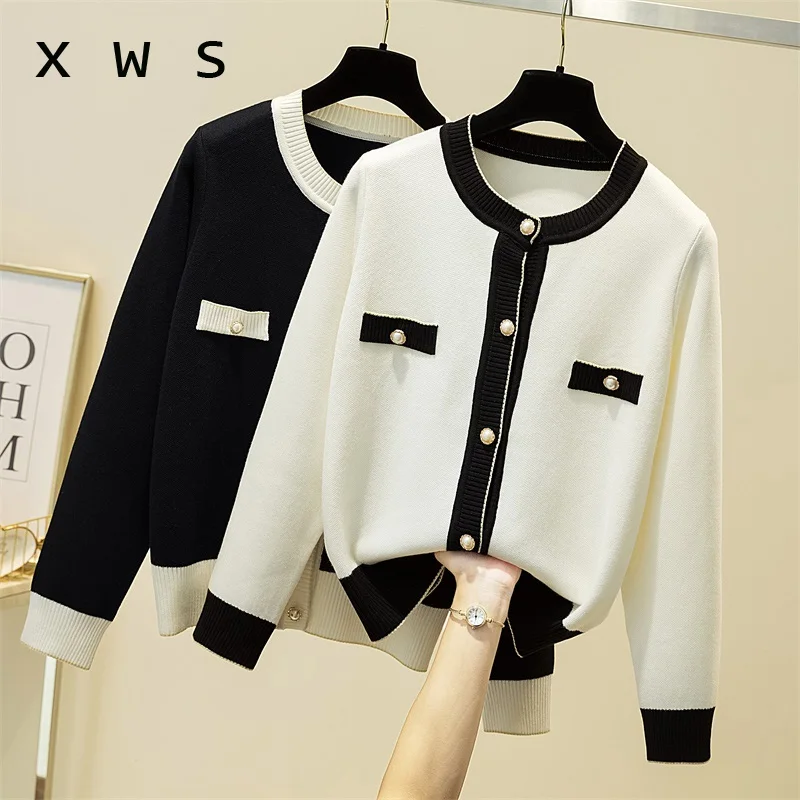 sueter mujer 2024 Elegant Women Sweater and Cardigans Button Up Pearl Beading Black White Formal Knit Jacket jersey mujer