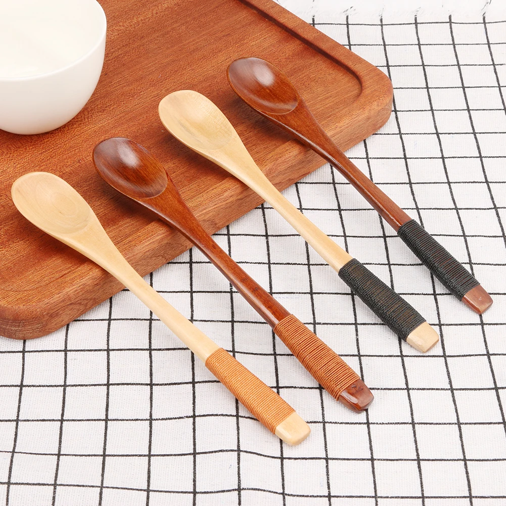 Long Handle Wooden Spoon Kids Feeding Spoon Wood Rice Soup Dessert Spoon Coffer Tea Mixing Kitchen Tools