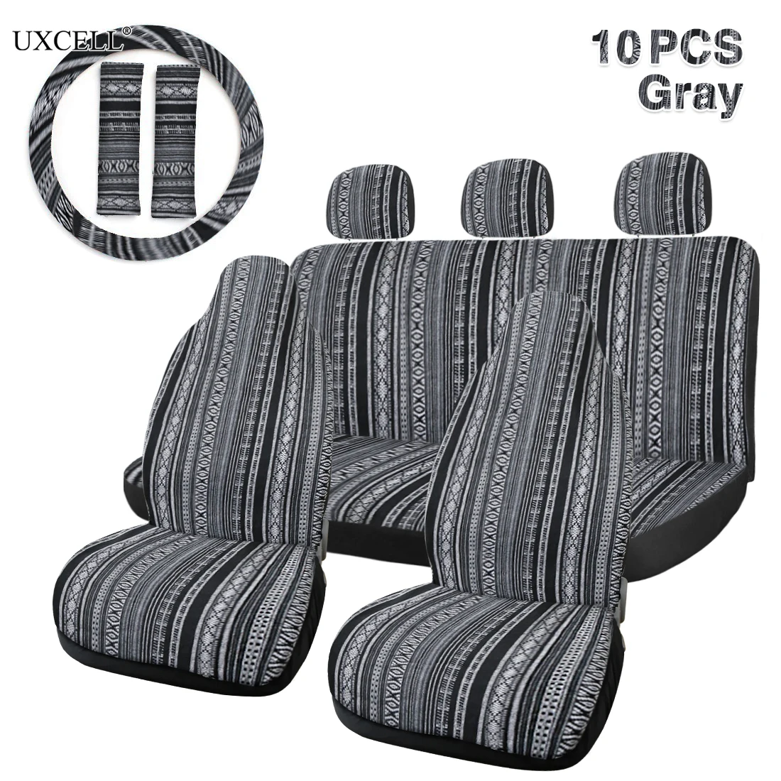 Uxcell Stripe Multi-Color Seat Cover Baja Saddle Blanket Weave Bucket Seat Cover for Cars & Vans with Steering Wheel Cover