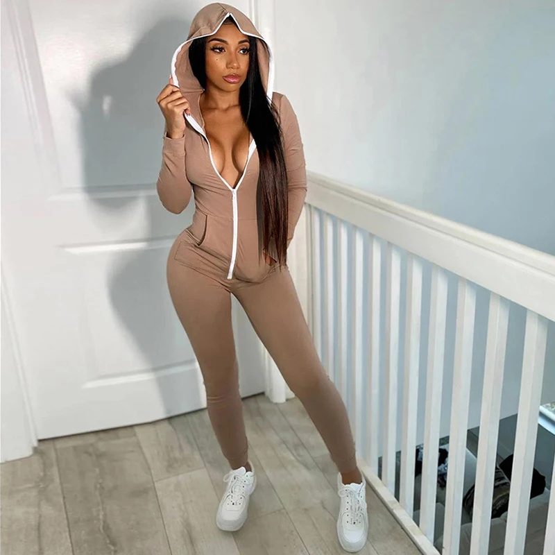 

Solid Zipper Hoodie Jumpsuits Women 2020 Autumn New Slim Casual Skinny Streetwear Active Fitness Sporty Work Out Rompers