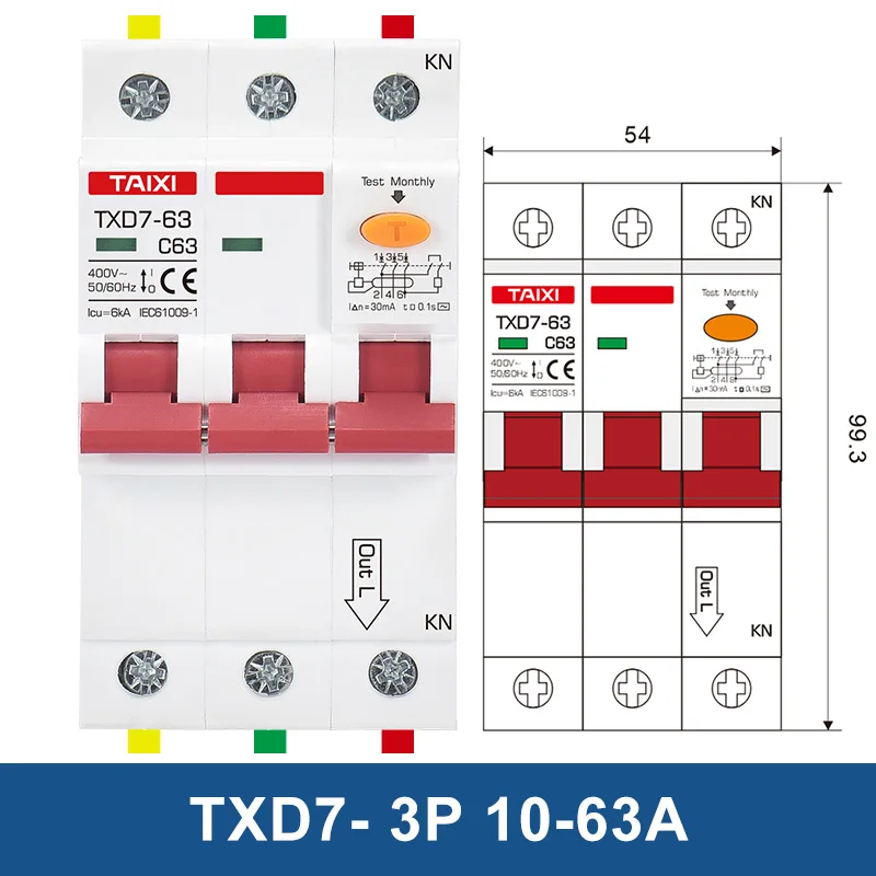 Imagem -03 - Interruptor Atual Residual Proteção do Escapamento da Sobrecarga Rcbo 16a 32a 63a 2p 3p 4p 300ma Ac380v 10 Peças