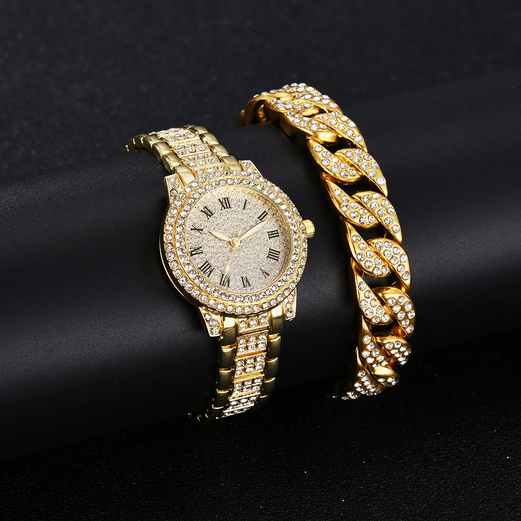 Luxury Iced Out Watch + Bracelet for Women Sliver Gold Diamond Ladies Watch with Cuban Chain Jewelry Set Relojes Para Mujer Gift