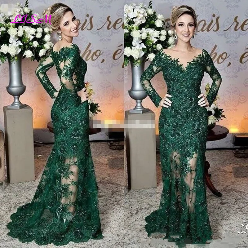 Sparkly Wedding Dresses Vintage Dark Green Long Illusion Sleeves  Mother of The Bride Dresses Lace Appliques Mermaid Formal Gown