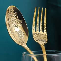 Kitchen Cutlery Set,European Knife and Fork Spoon Embossed Western Tableware Retro Stainless Steel Dinnerware Sets