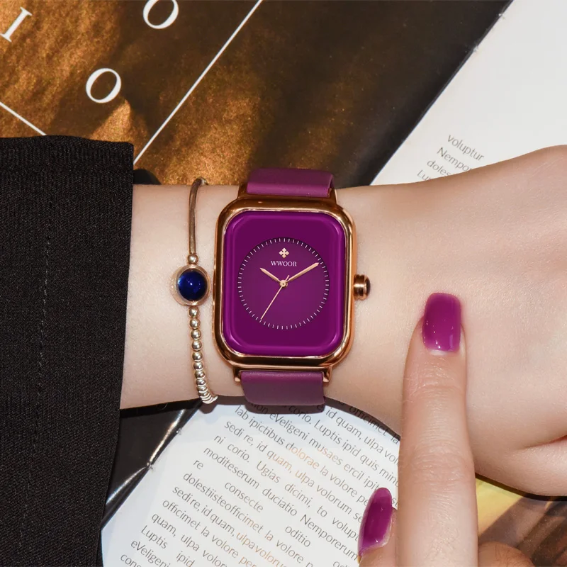 WWOOR Luxury Brand Watches For Women Fashion Square Purple Ladies Quartz Wristwatch Waterproof Silicone Band Relogio Feminino