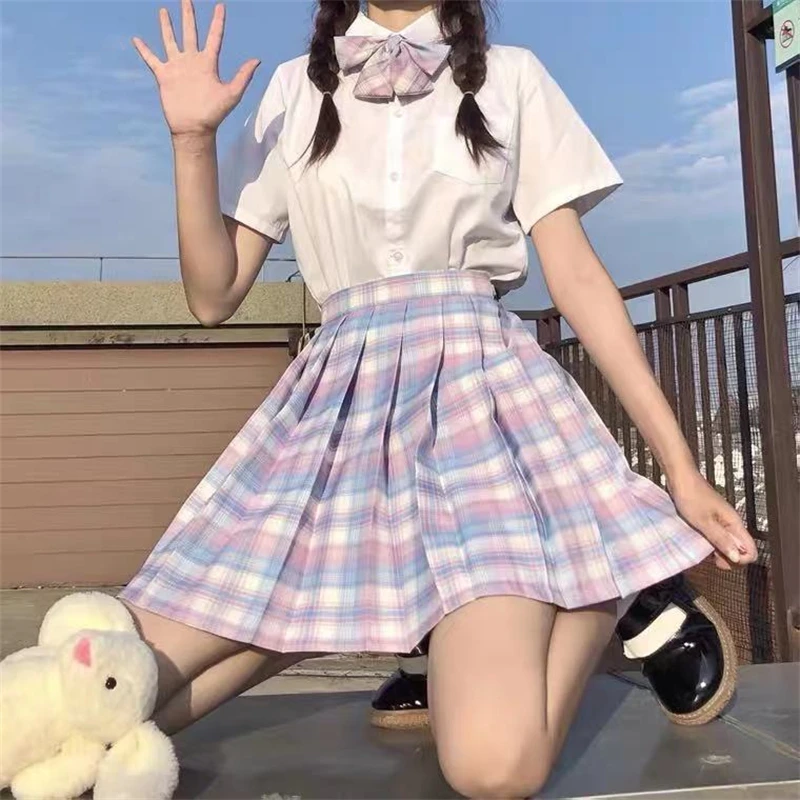 女性のためのハイウエストプリーツスカート,セクシーな韓国の夏服,素敵なミニチェックスカート,学生服,学校のユニフォーム